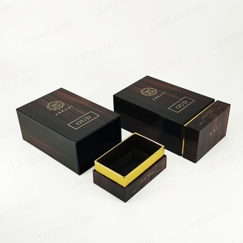 Håndlavet stiv parfumeemballage med guldfolie detaljer og EVA -skumindsats HP019